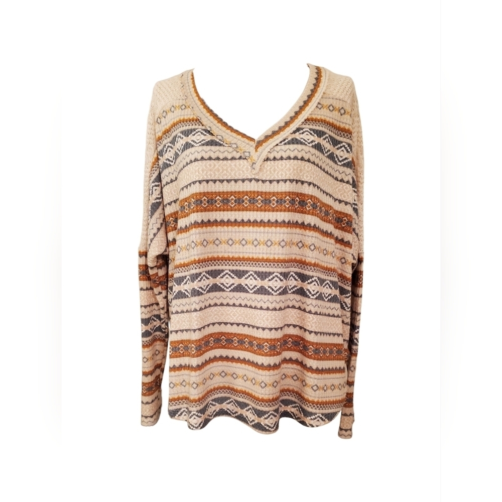 Ces Femme Textured Boho Aztec Knit V-neck Top Long Sleeve Tan Blue Rust Size L